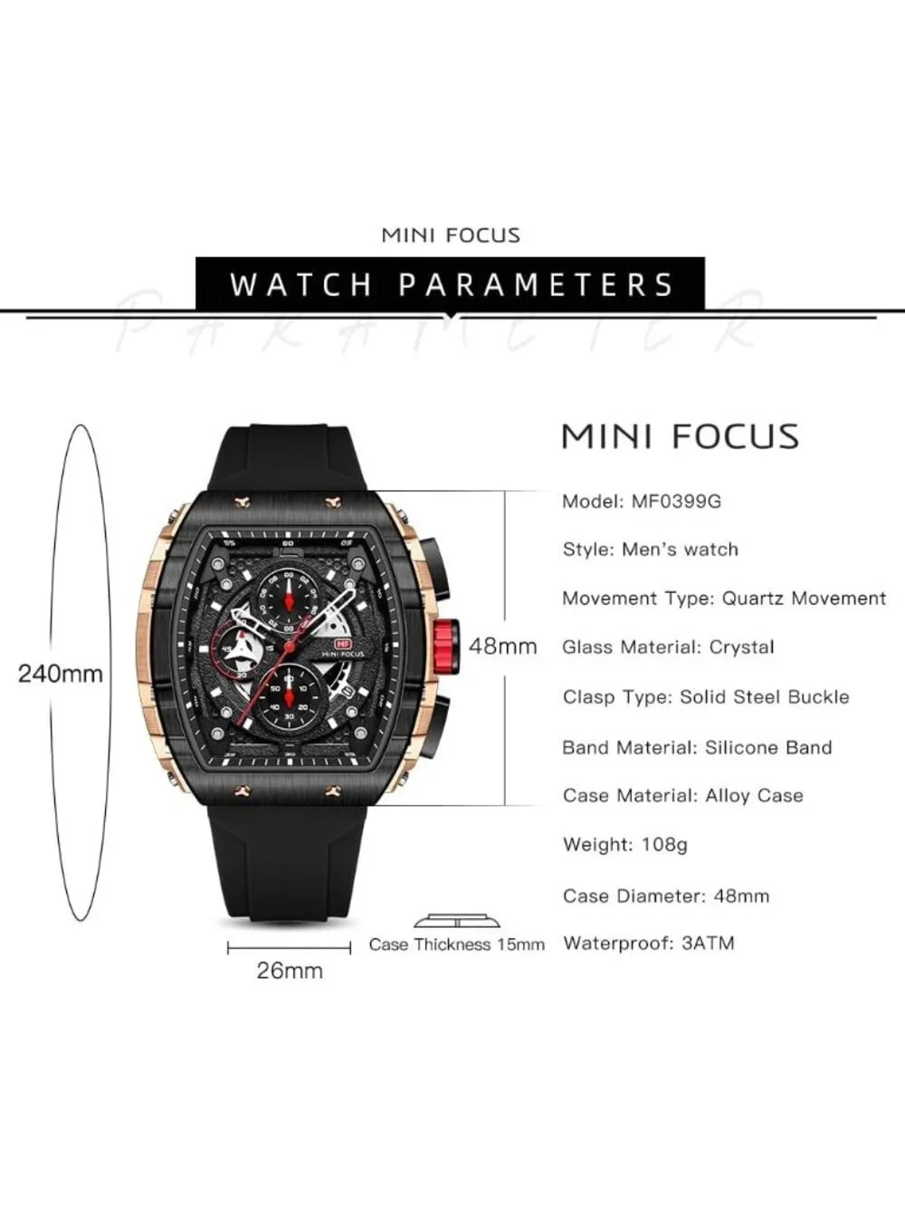 Men's Black Silicon Strap Quartz Chronograph Waterproof Luminous Tonneau Watch